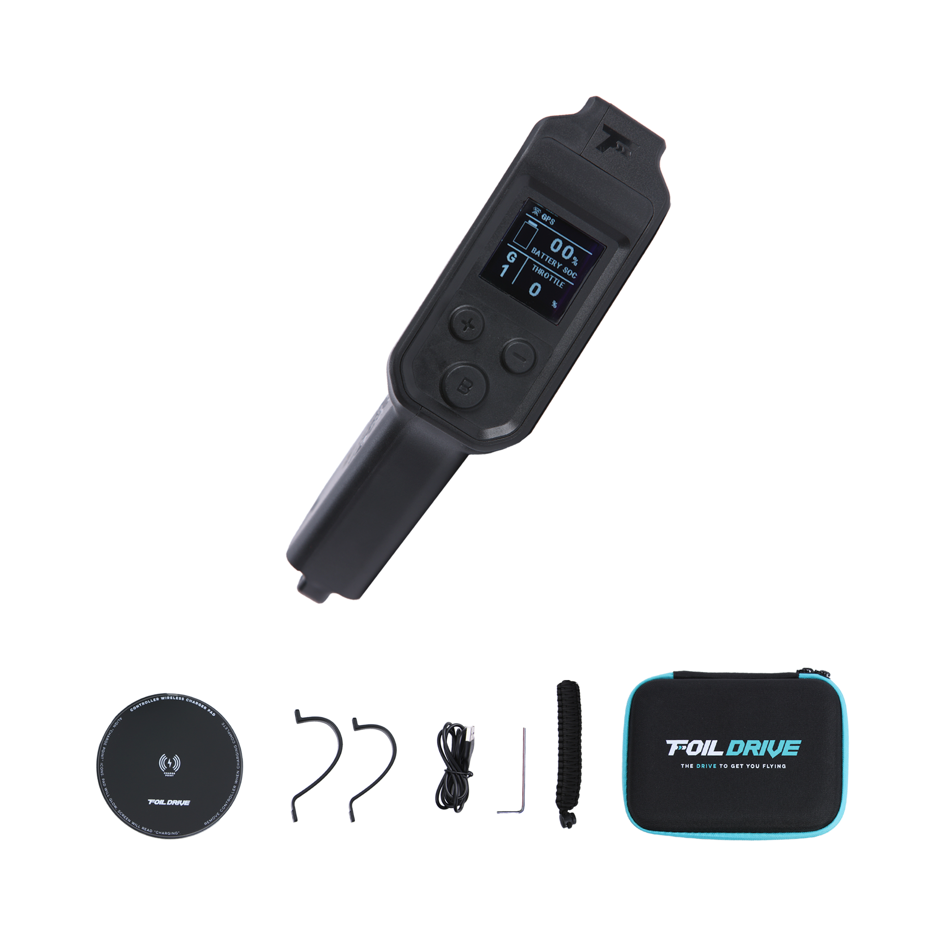 Foil Drive V3 Throttle Controller kit with screen display, wireless charging pad, cables, tools, and carry case.