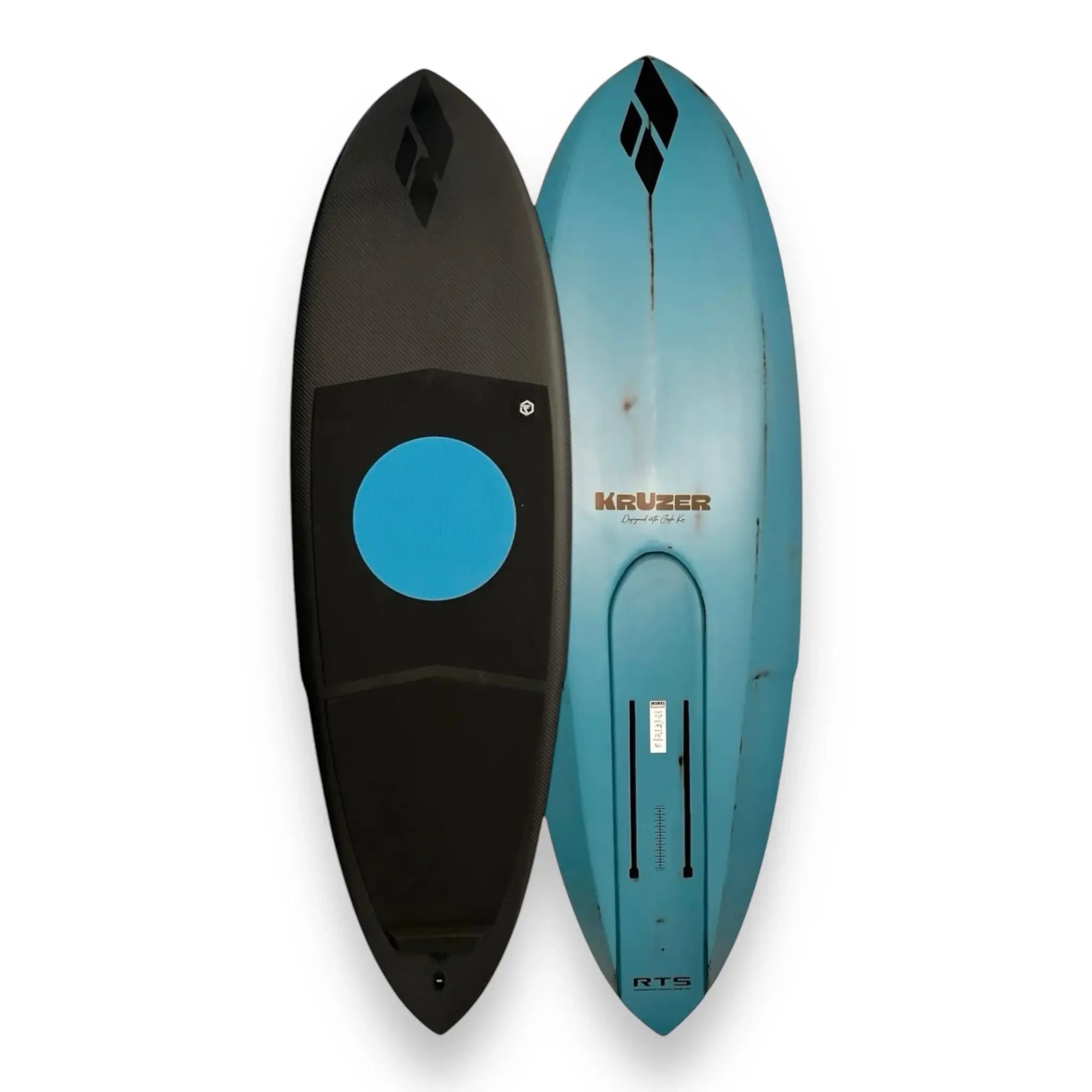 KrUzer RTS 4'8" 29L Foil Drive foilboard showcasing the unique dual color design and recessed track system.
