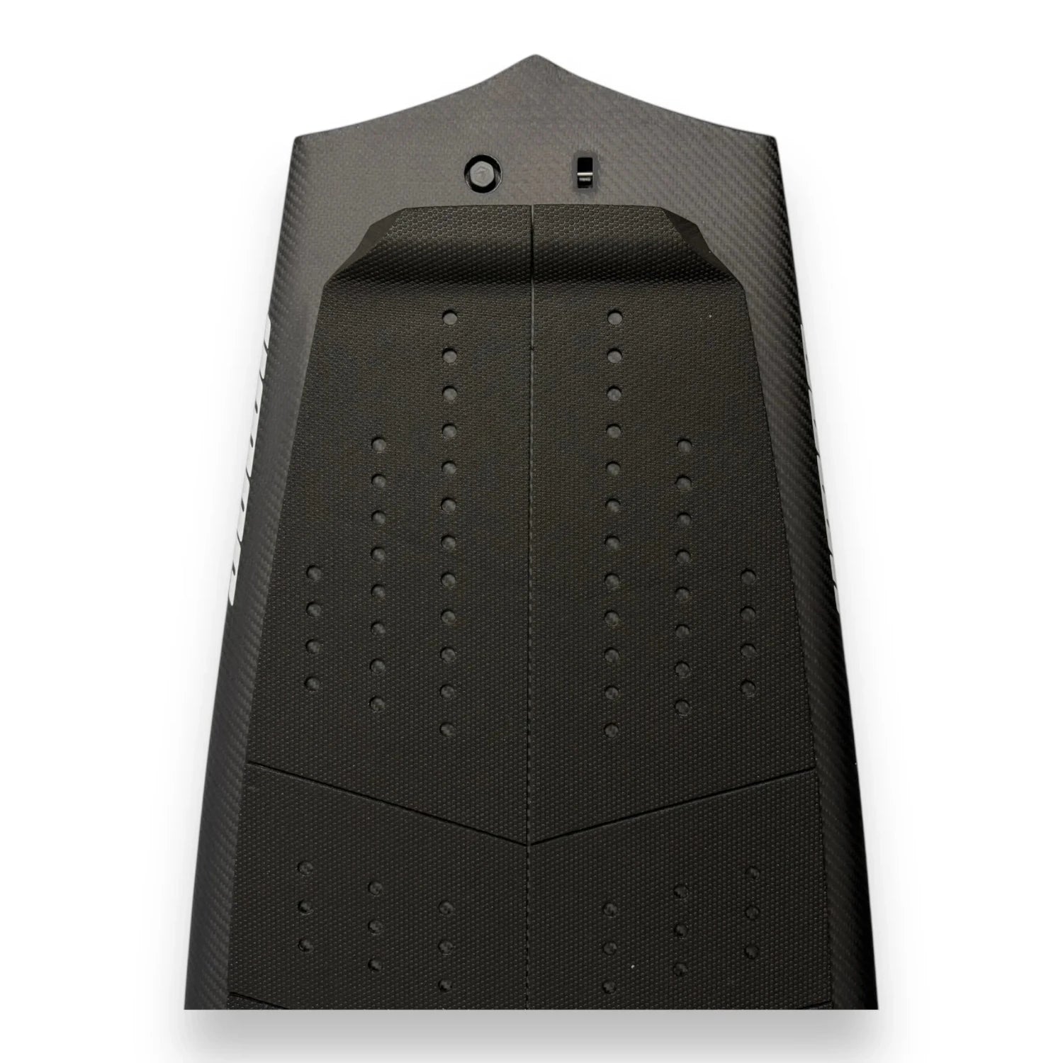 Traction and tail detail on the Spitfire V2 carbon surf foilboard by Amos Shapes