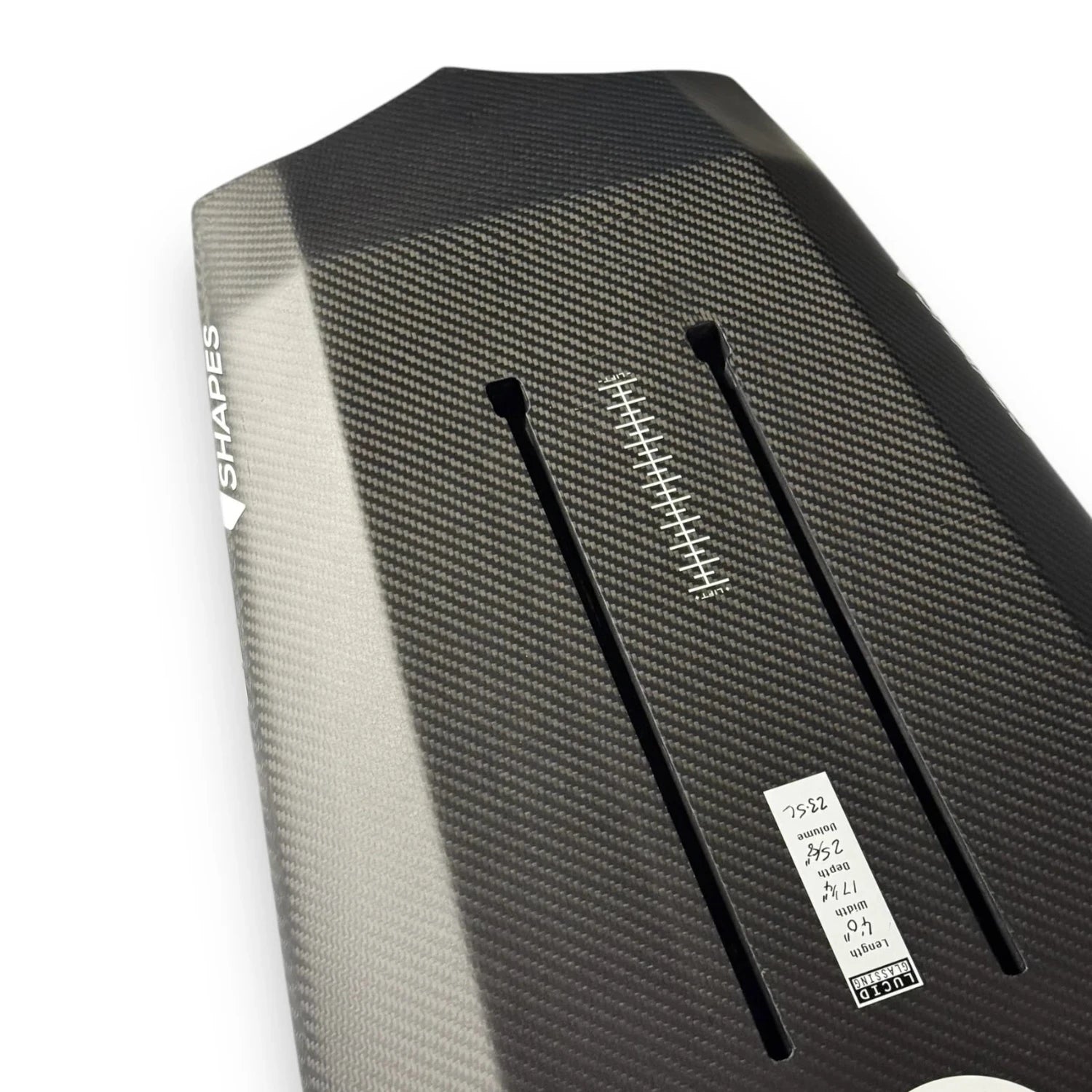 Detail of tracks on the Spitfire V2 carbon surf foilboard by Amos Shapes