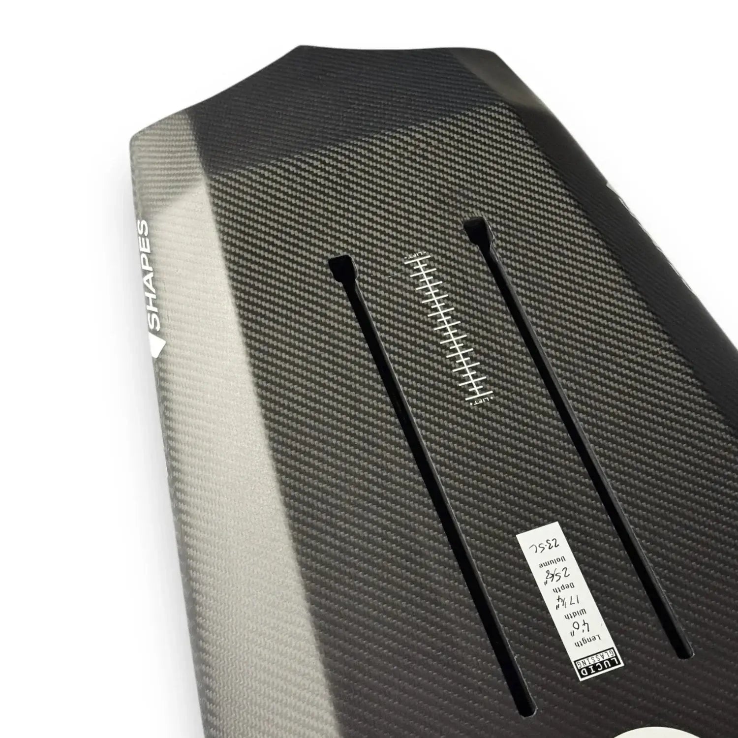 Detail of tracks on the Spitfire V2 carbon surf foilboard by Amos Shapes