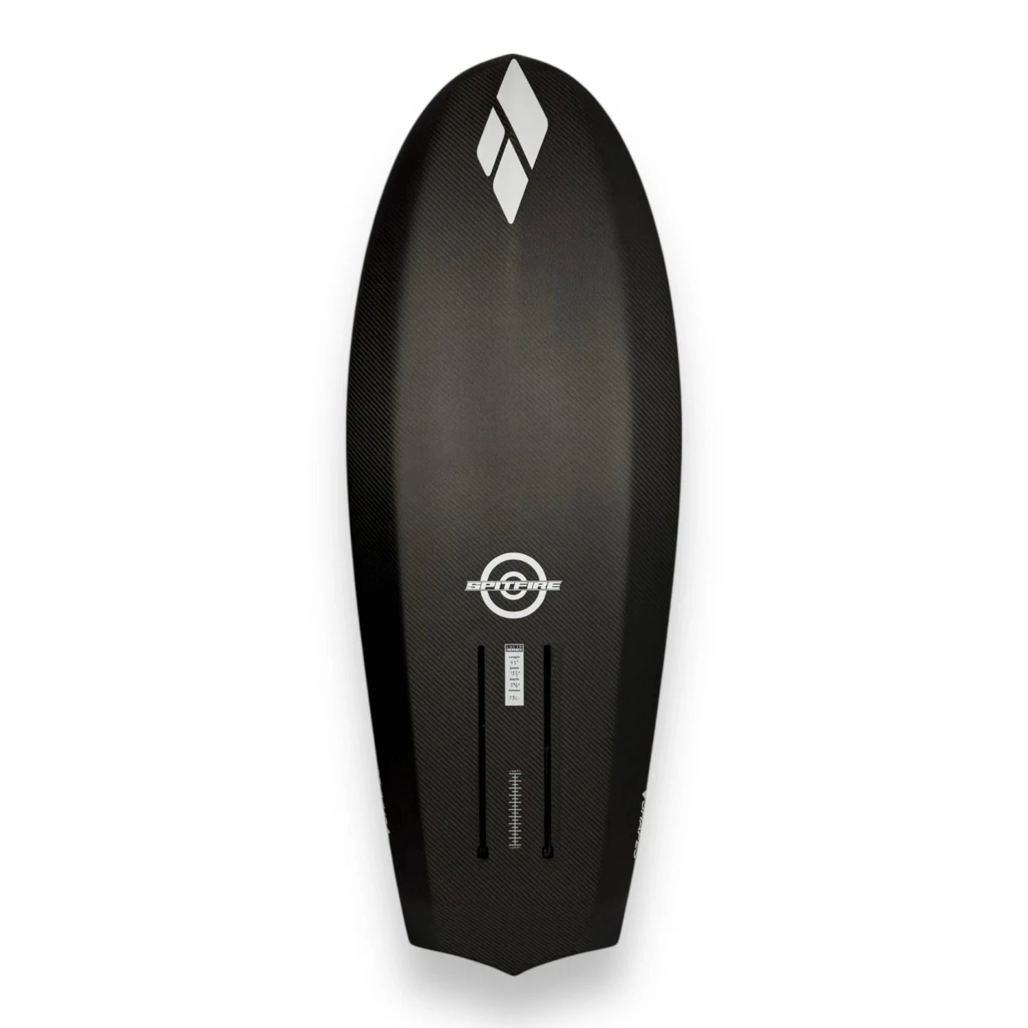 Bottom view of the Spitfire V2 carbon surf foilboard by Amos Shapes