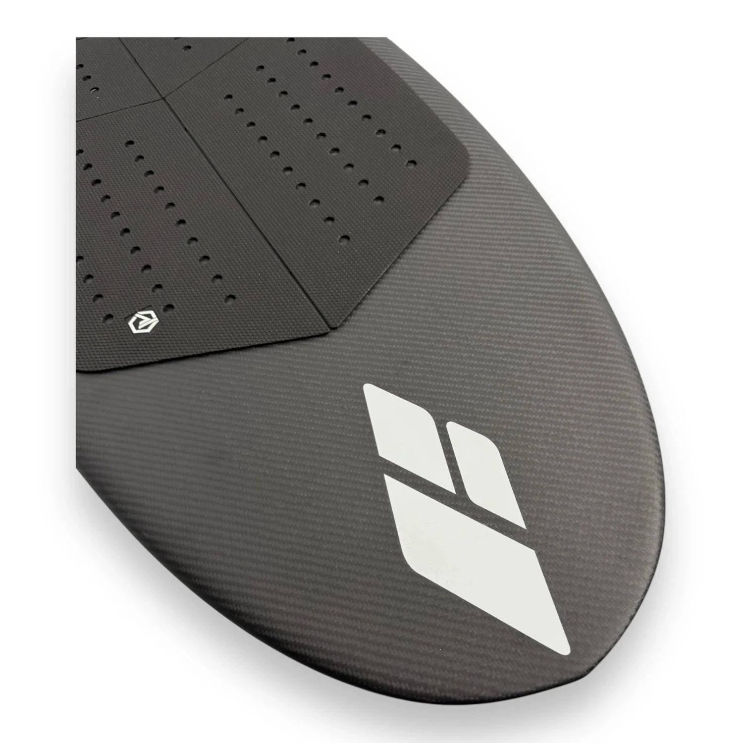 Close up of nose with logo and traction pad on the Spitfire V2 carbon surf foilboard by Amos Shapes