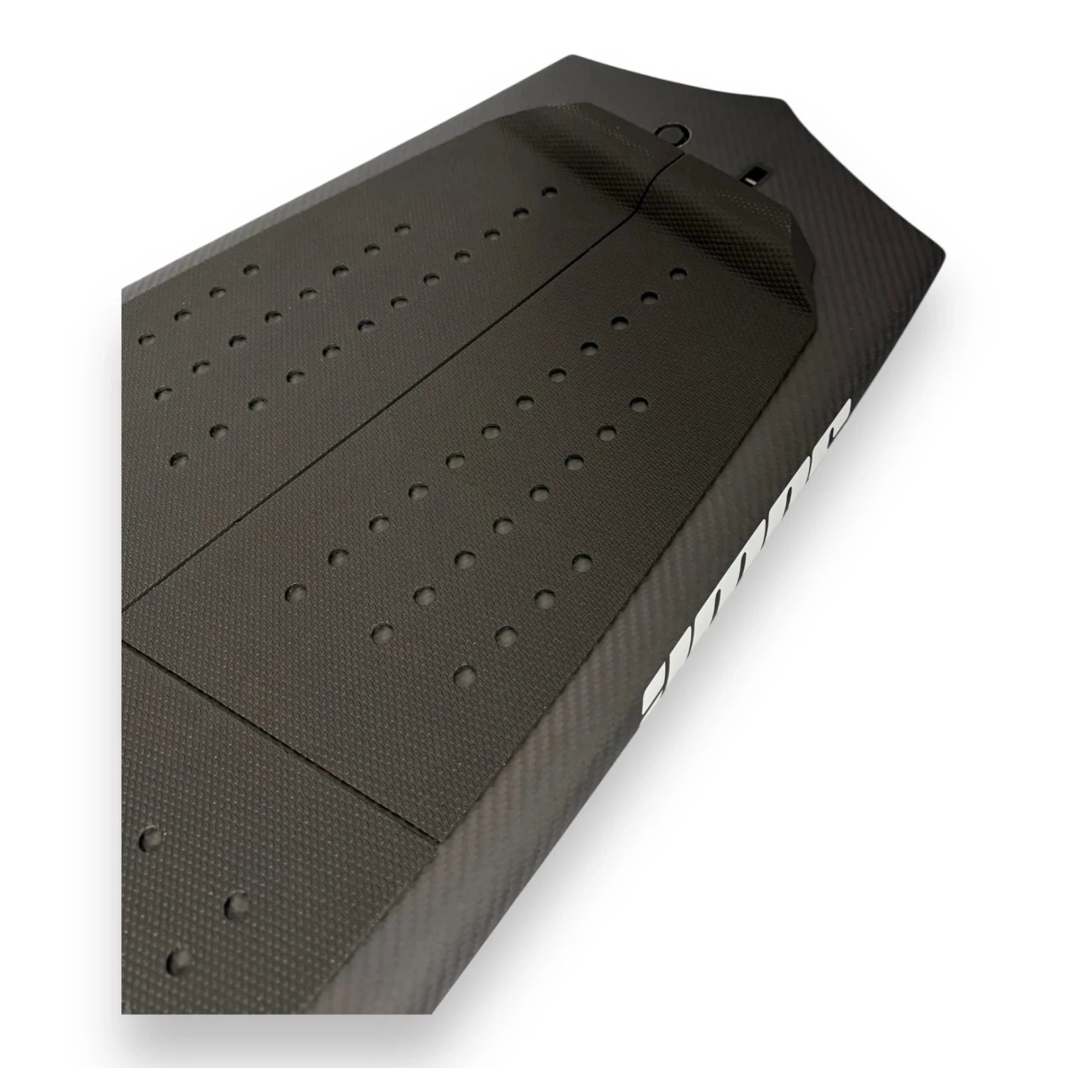Tail and traction detail on the Spitfire V2 carbon surf foilboard by Amos Shapes