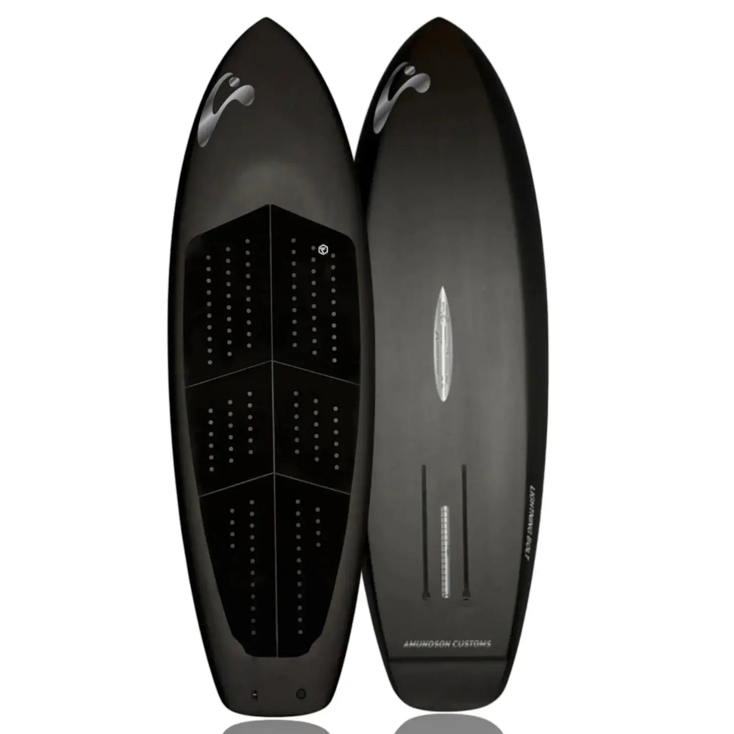 Deck and bottom view of the Lightning Bolt Foil Drive assist carbon foilboard by Amundson Customs