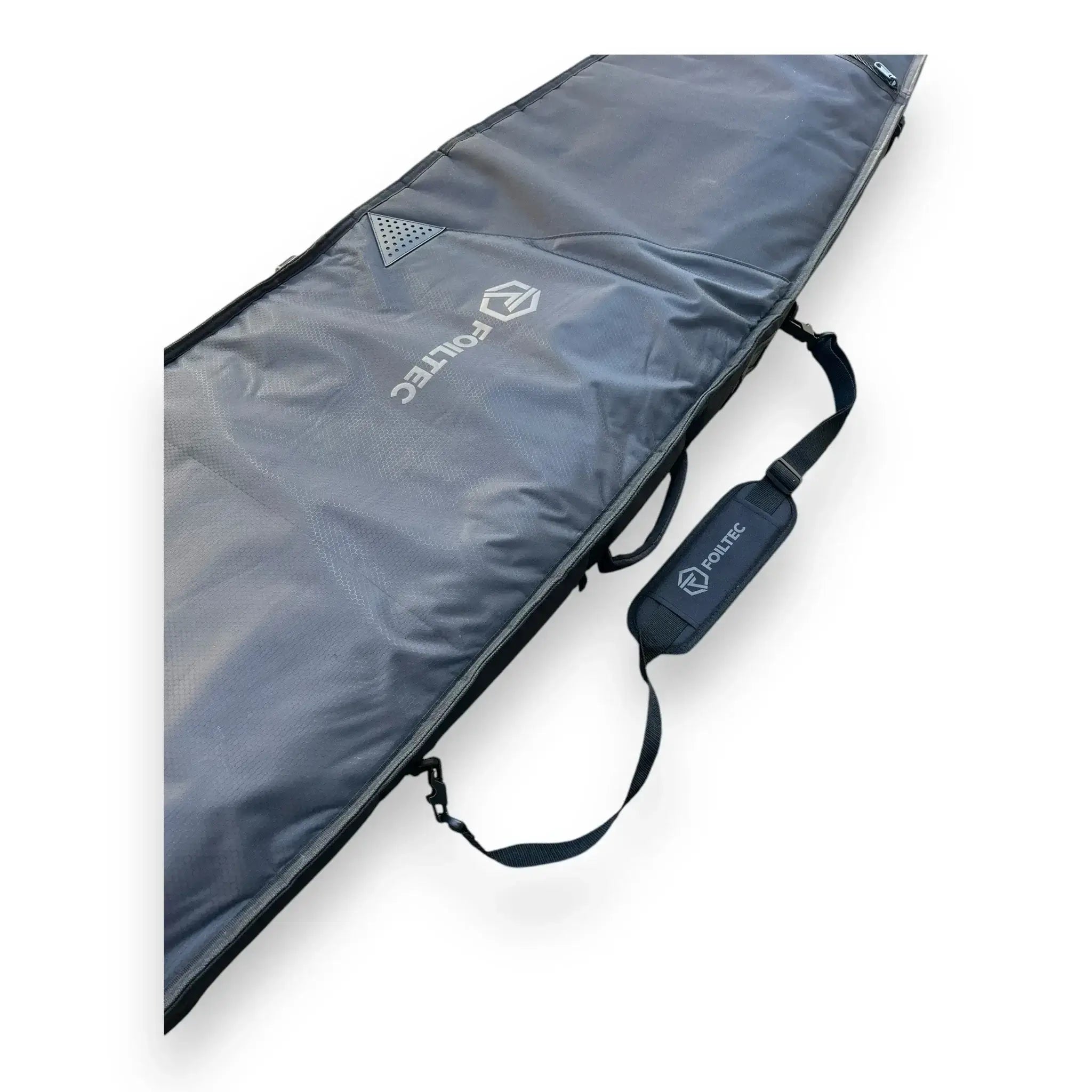 Close-up of padded shoulder strap and adjustable straps on downwind SUP bag