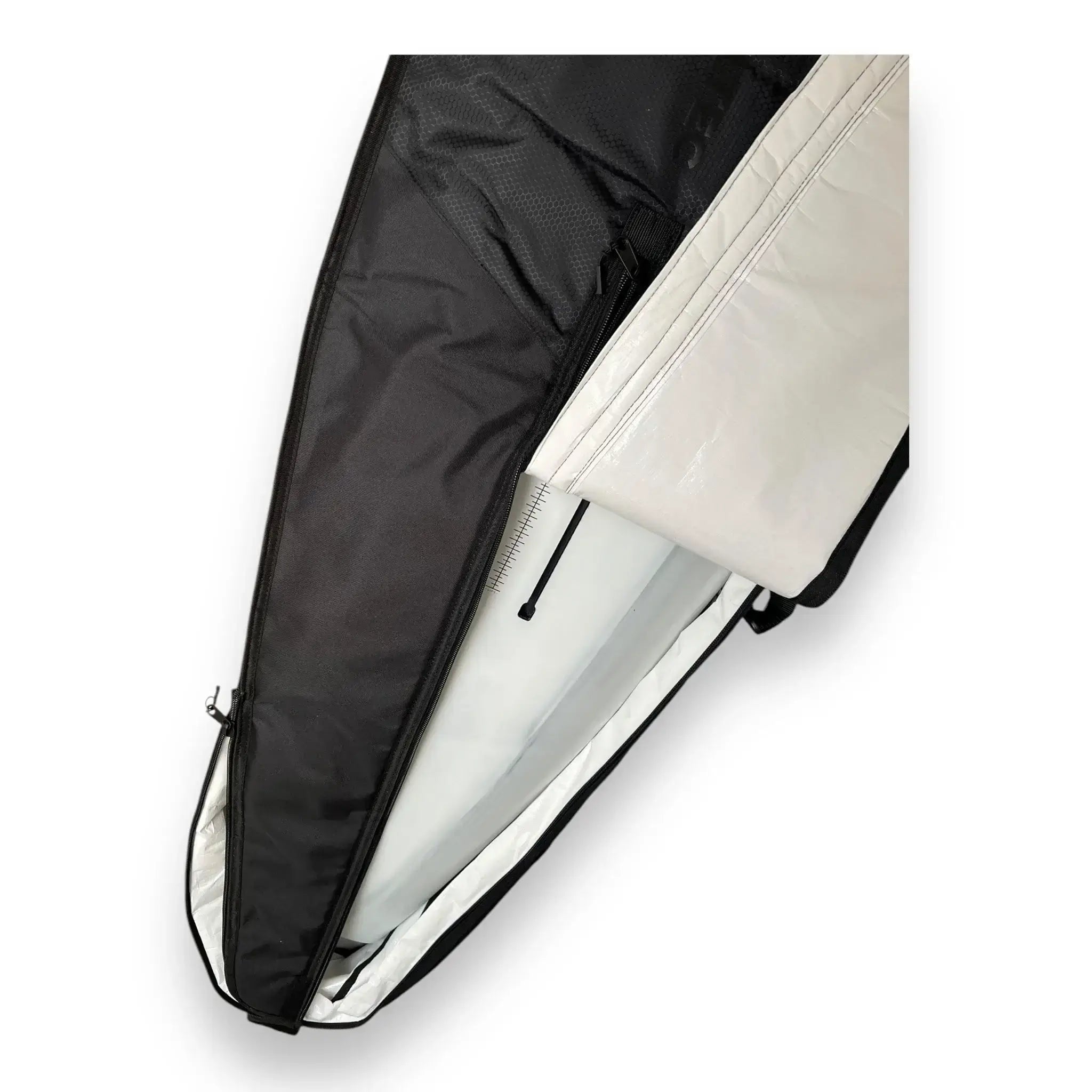 Close-up of tail zips on downwind SUP foilboard bag
