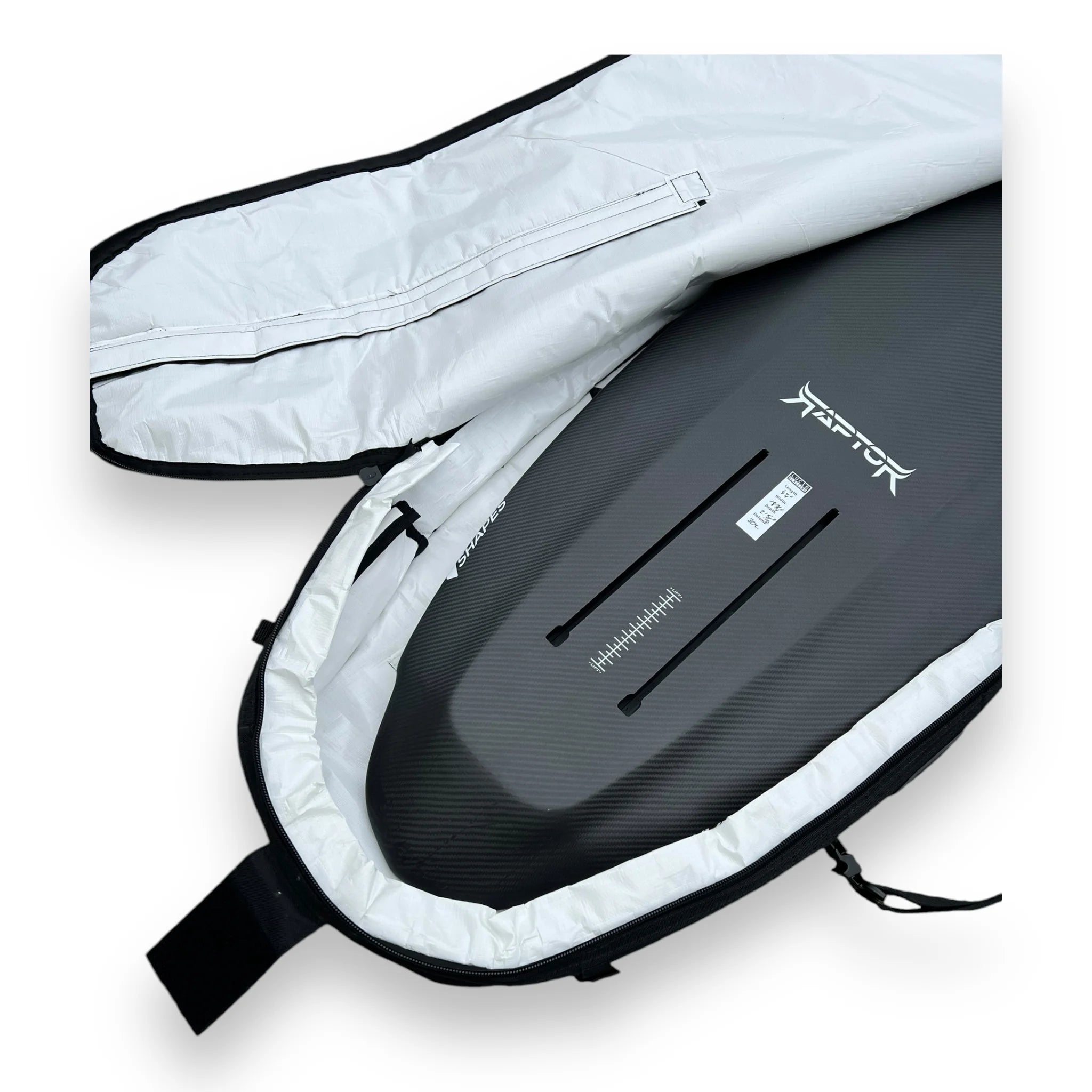 Inside of Foil Tec foilboard bag with white tarpaulin lining