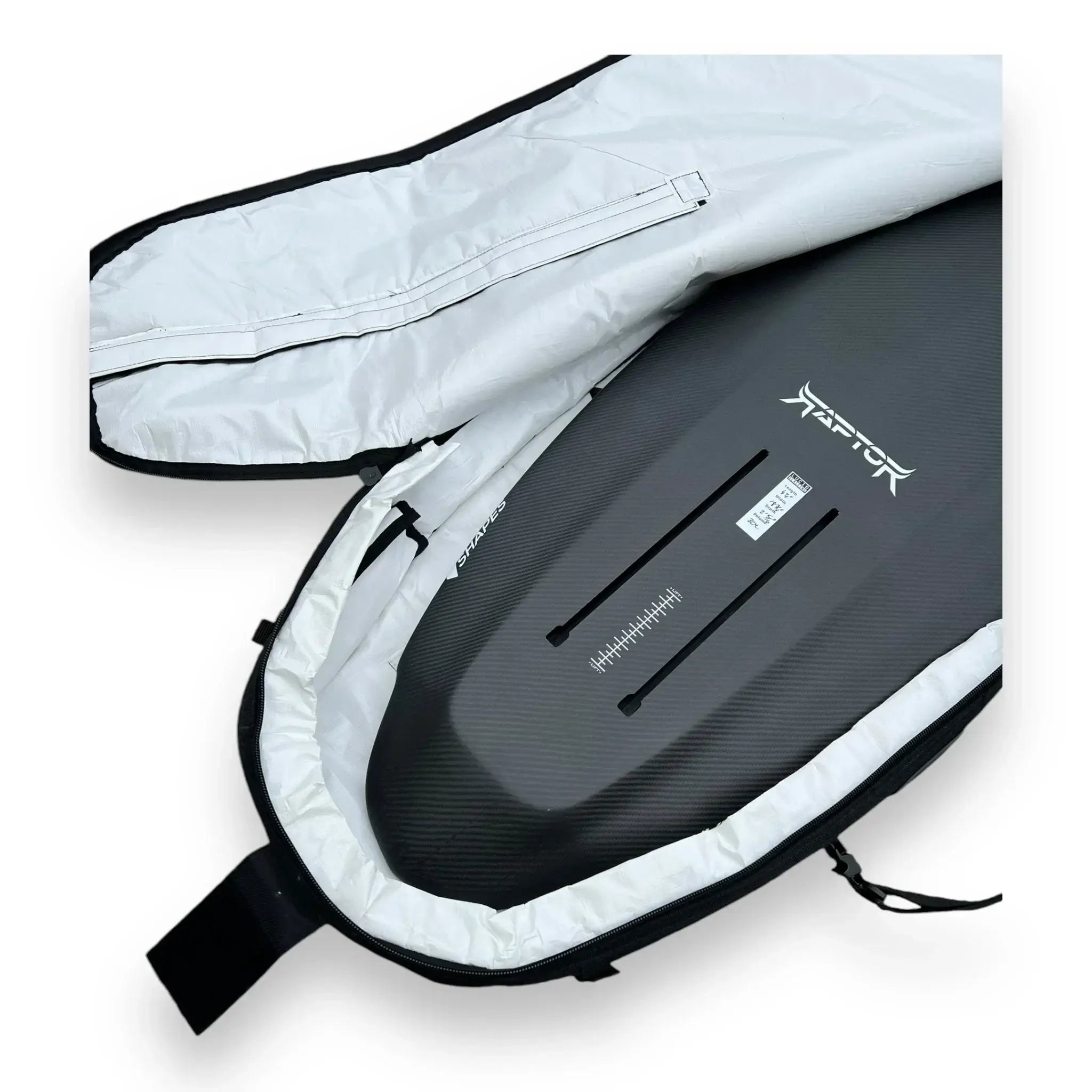 Inside of Foil Tec foilboard bag with white tarpaulin lining
