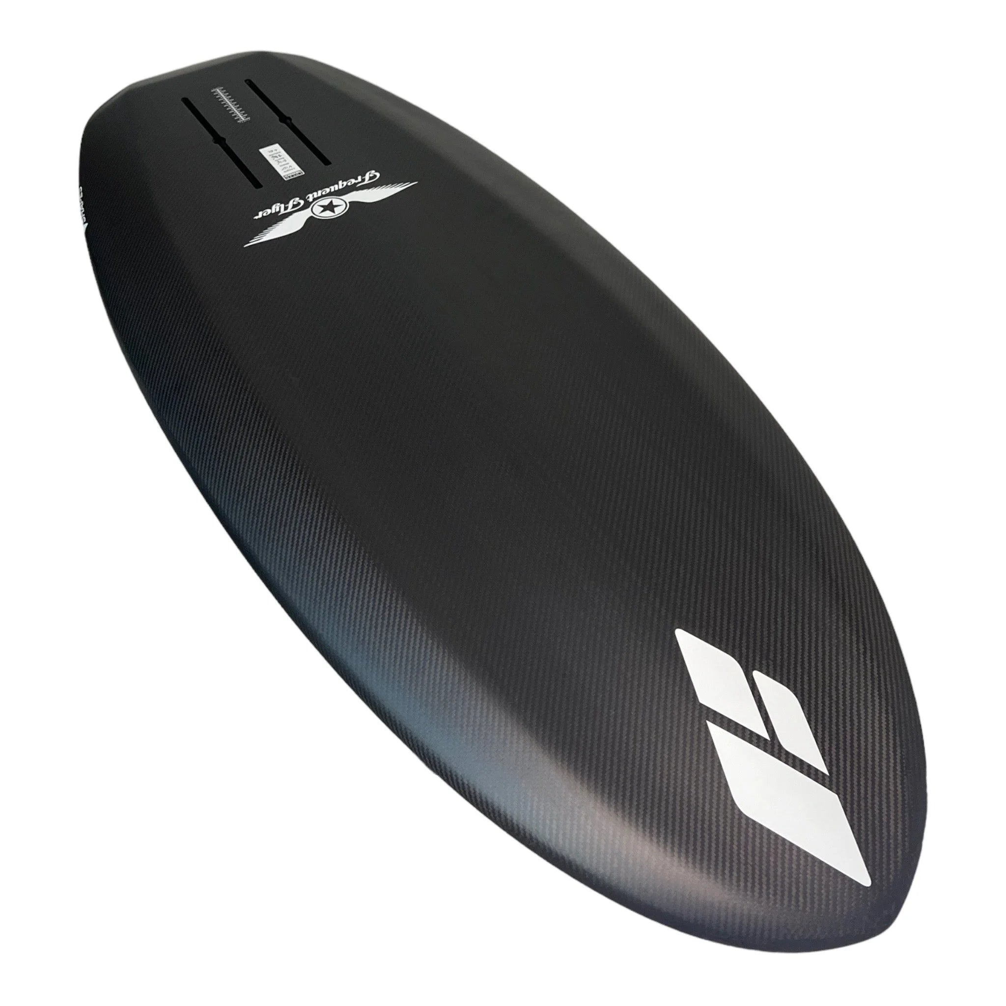 Angled view of Frequent Flyer bottom 4'8" x 21 1/4" x 3" prone foilboard by Amos Shapes