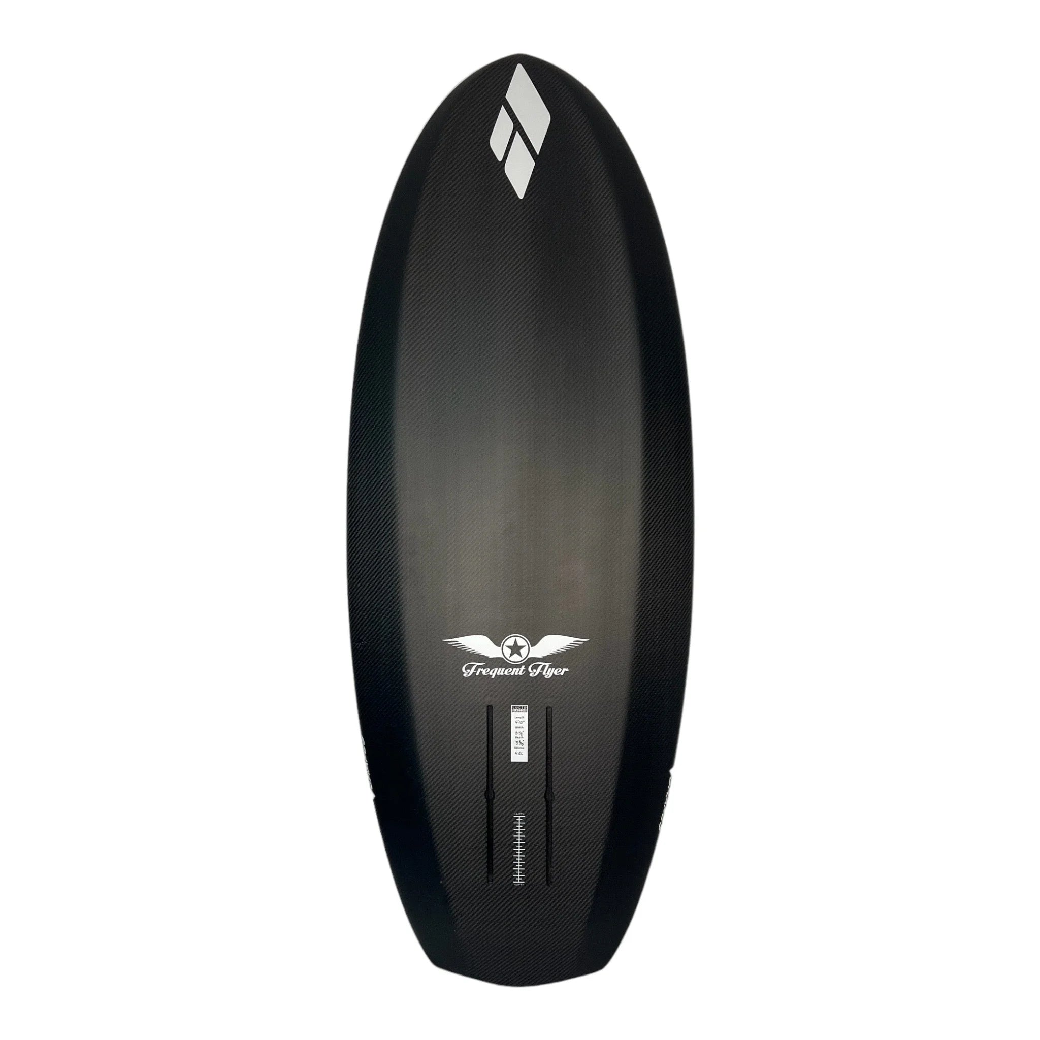 Bottom view of Frequent Flyer 4'8" x 21 1/4" x 3" prone foilboard by Amos Shapes