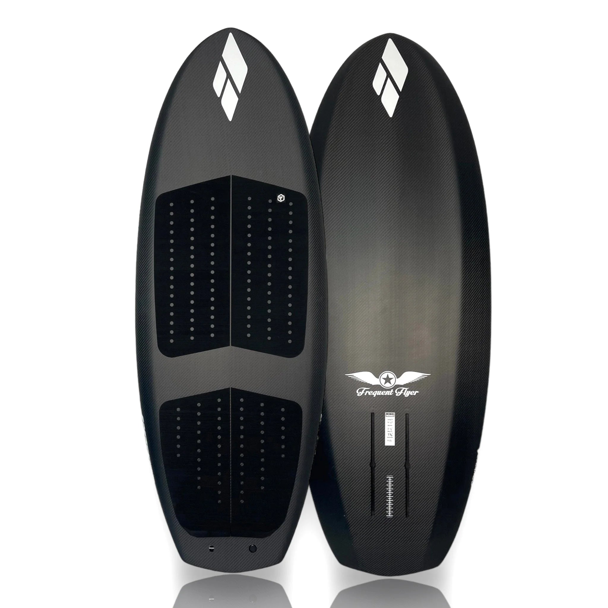 Top and bottom view of Frequent Flyer 4'8" x 21 1/4" x 3" prone foilboard by Amos Shapes