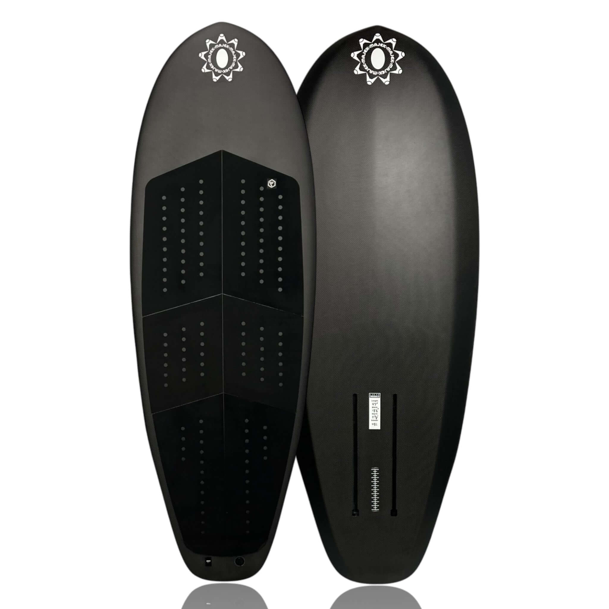 Deck and bottom views pf the Majek Apex foilboard by Glenn Pang