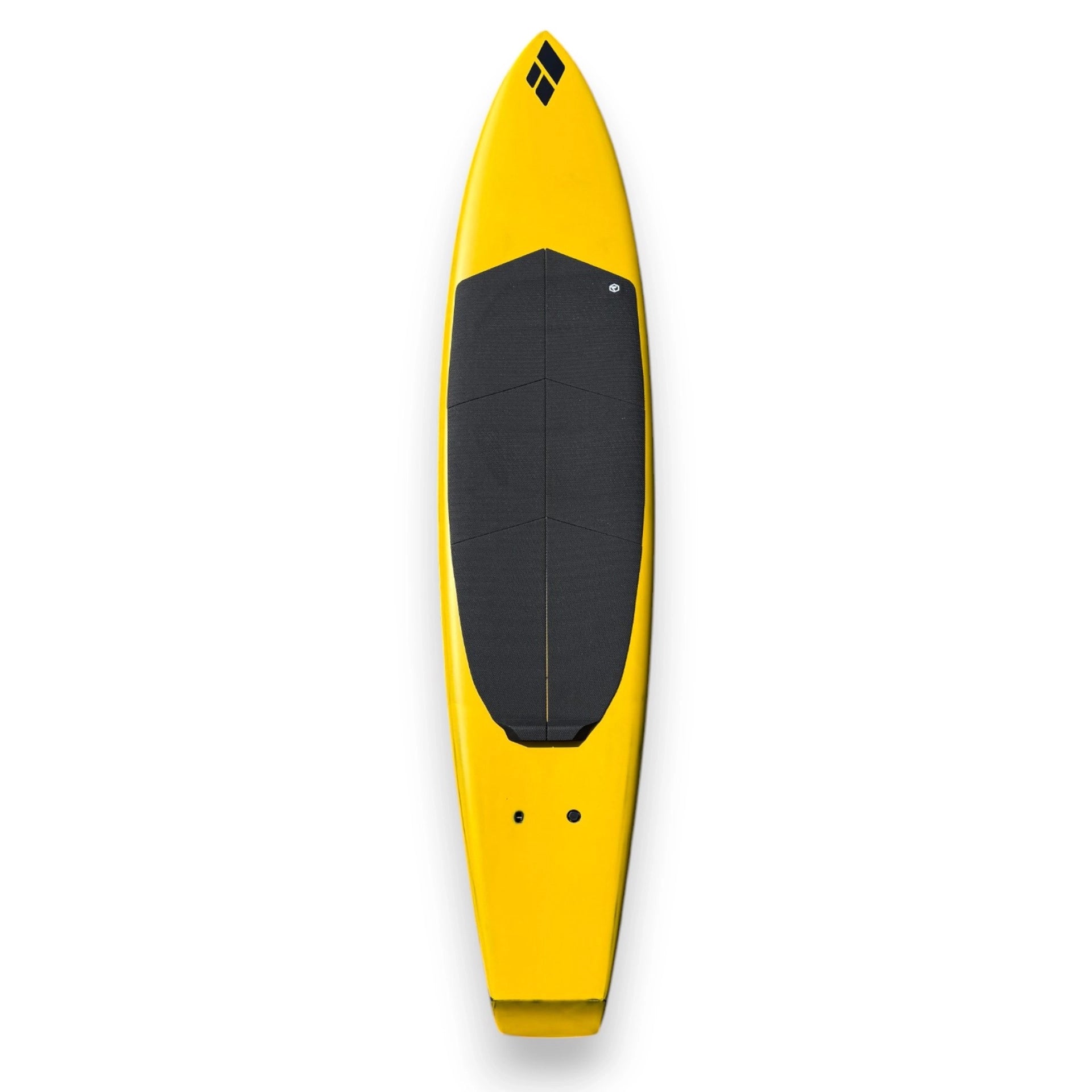 Top view of Foil Tec wide moulded EVA traction pad presented on yellow SUP foilboard