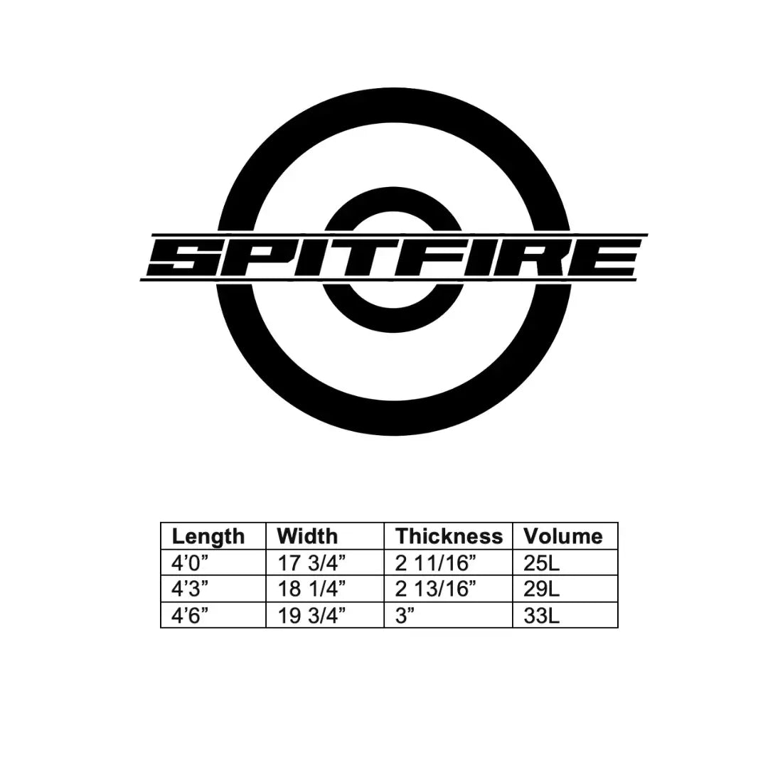 Dimension chart of the Spitfire V2 carbon surf foilboard by Amos Shapes
