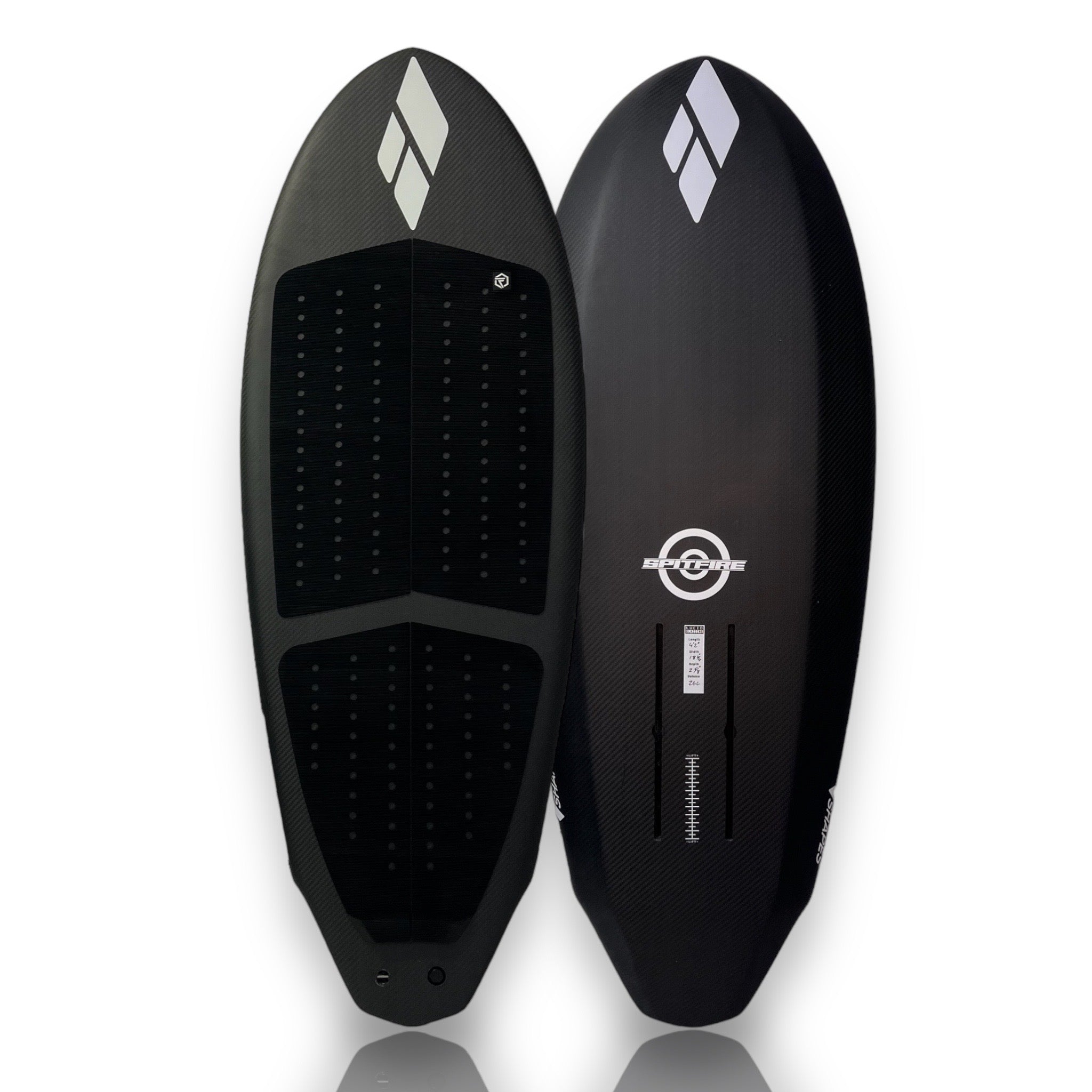 Top view of the Amos Shapes Spitfire Prone 4'2" foilboard showing flat deck and Foil Tec traction