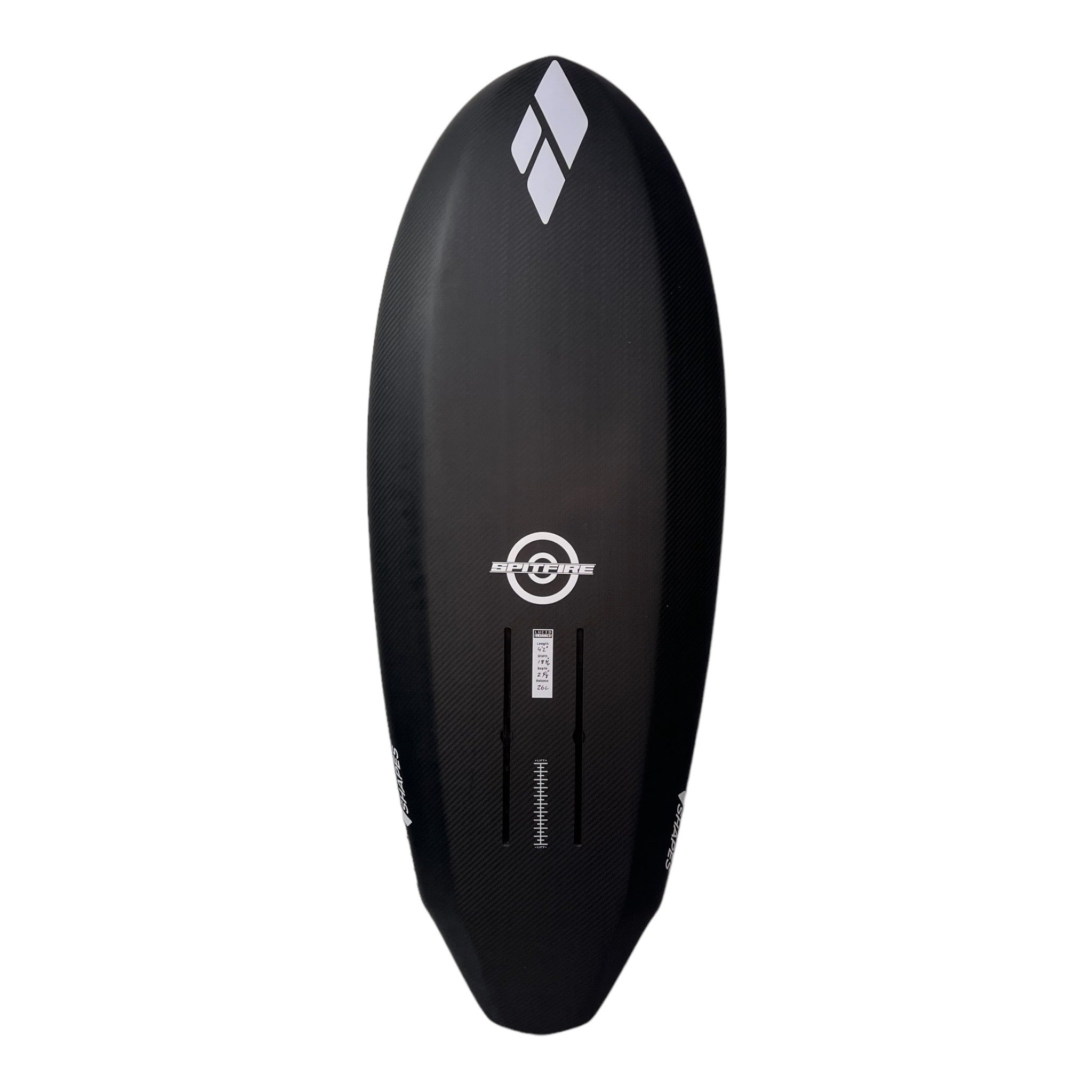 Bottom view of the Amos Shapes Spitfire Prone 4'2" foilboard showing flat deck and Foil Tec traction