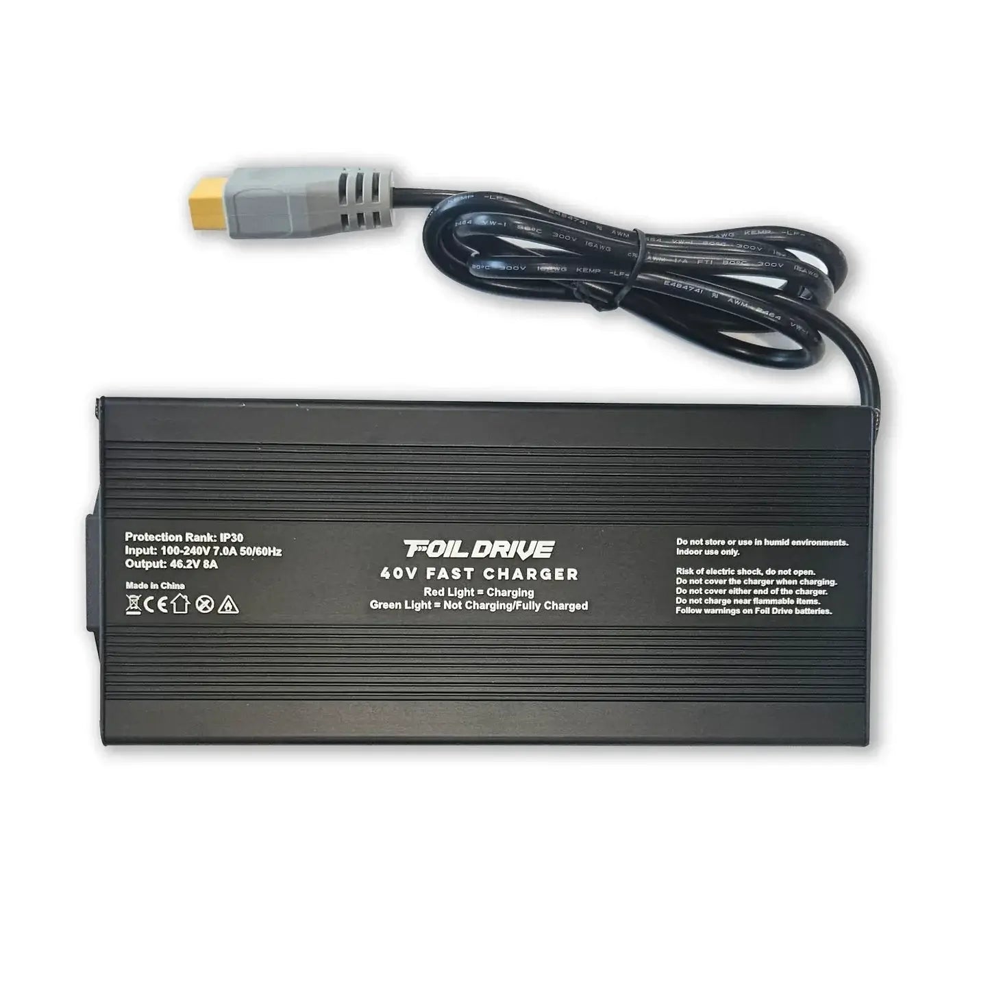 Foil Drive hydrofoil board assist 40V fast charger with cable on a white background