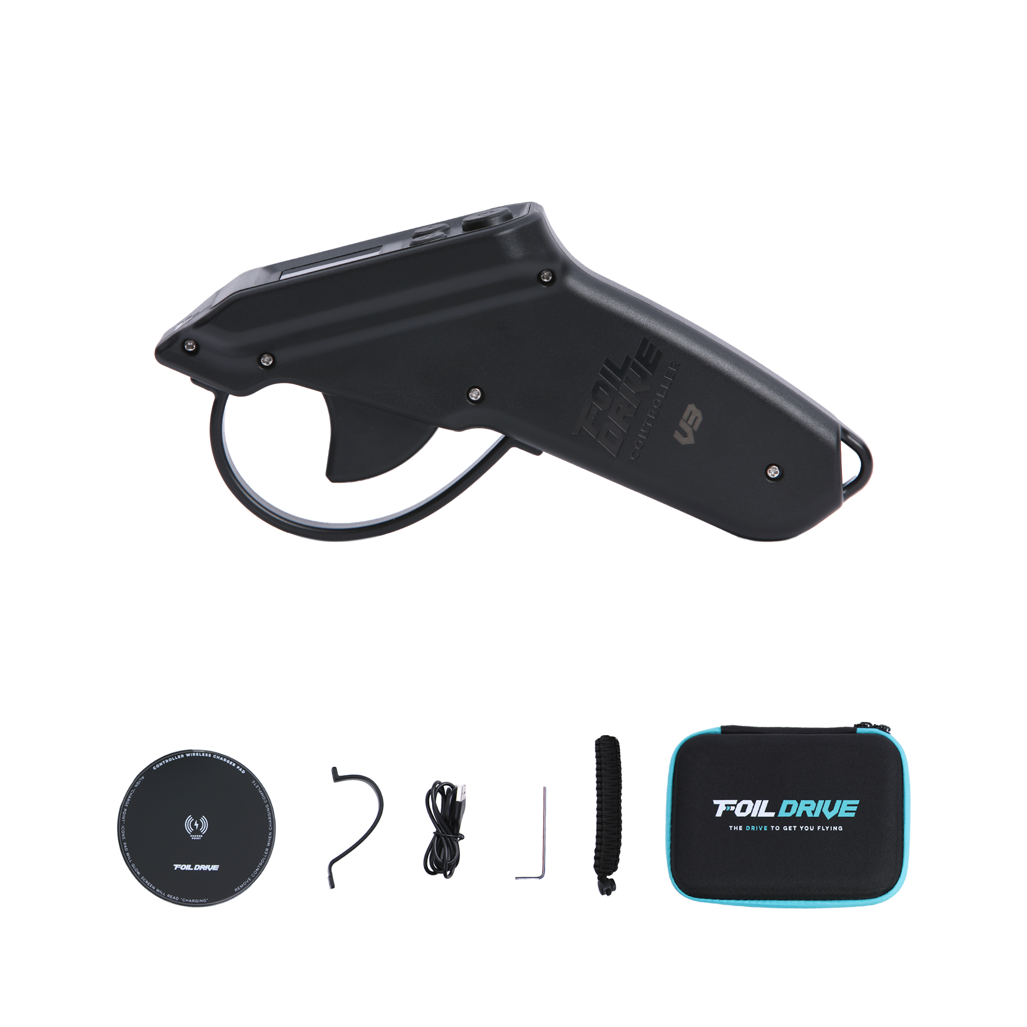 Foil Drive V3 Throttle Controller kit with wireless charging pad, cables, tools, and carry case.
