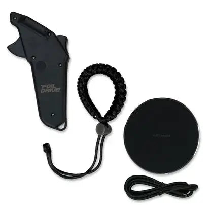 Foil Drive V2 throttle controller components including hand controller, leash, and base plate.