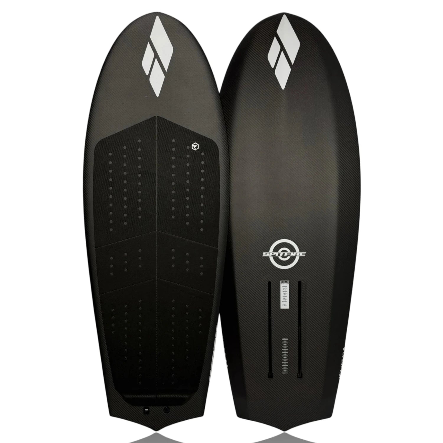 Deck and bottom views of the Spitfire V2 carbon surf foilboard by Amos Shapes