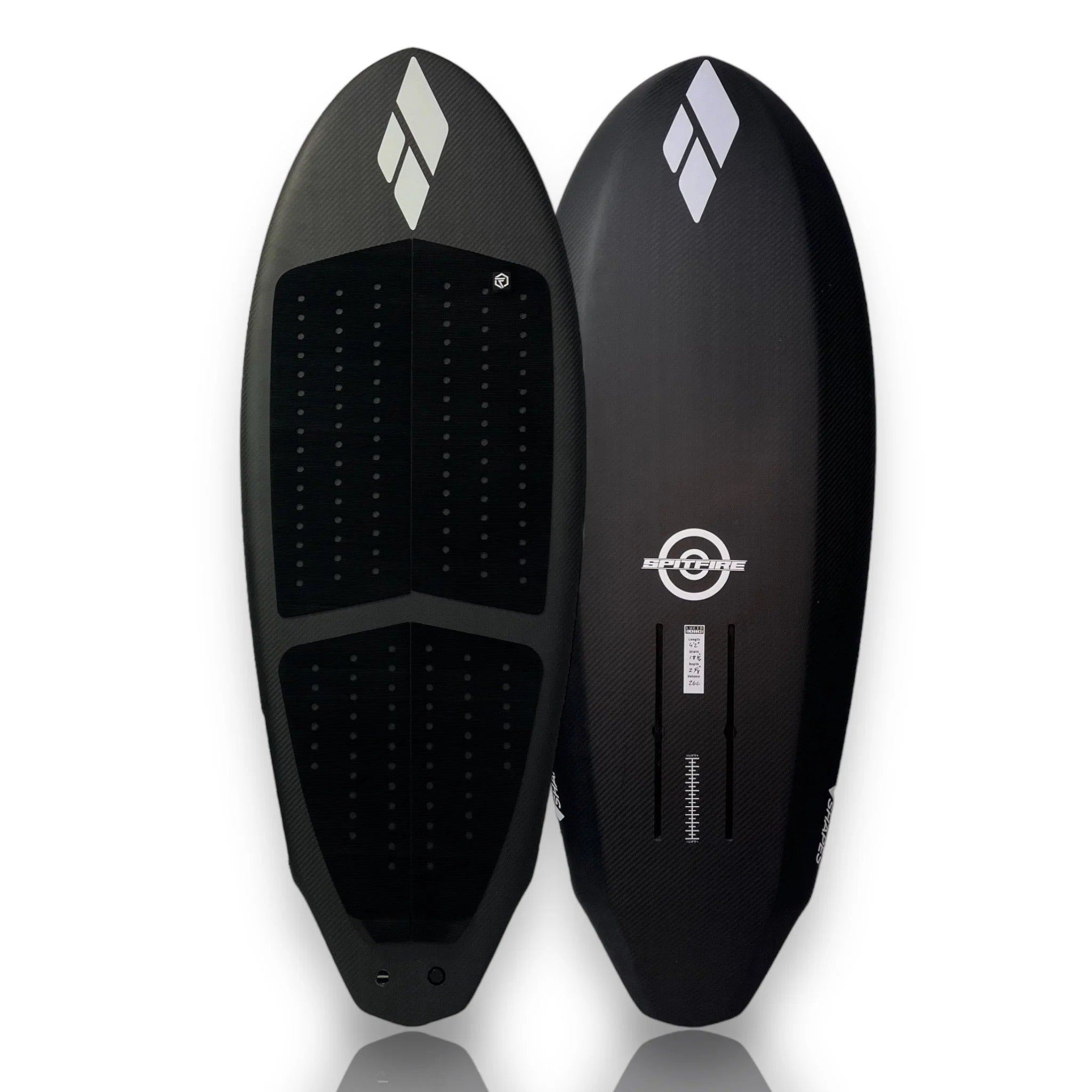 Top and bottom views of the Amos Shapes Spitfire Prone 4'2" foilboard showing flat deck and Foil Tec traction