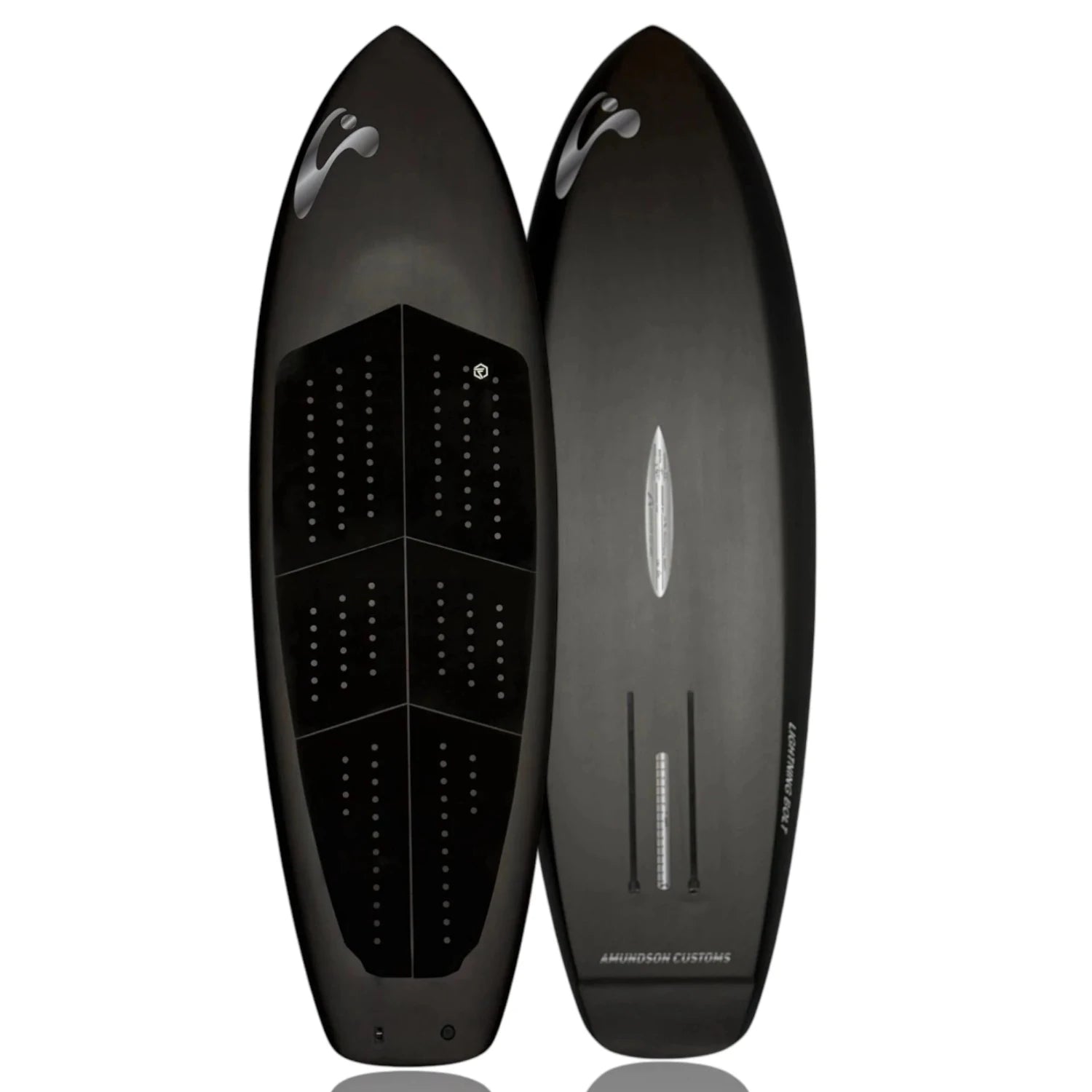 Deck and bottom view of the Lightning Bolt Foil Drive assist carbon foilboard by Amundson Customs