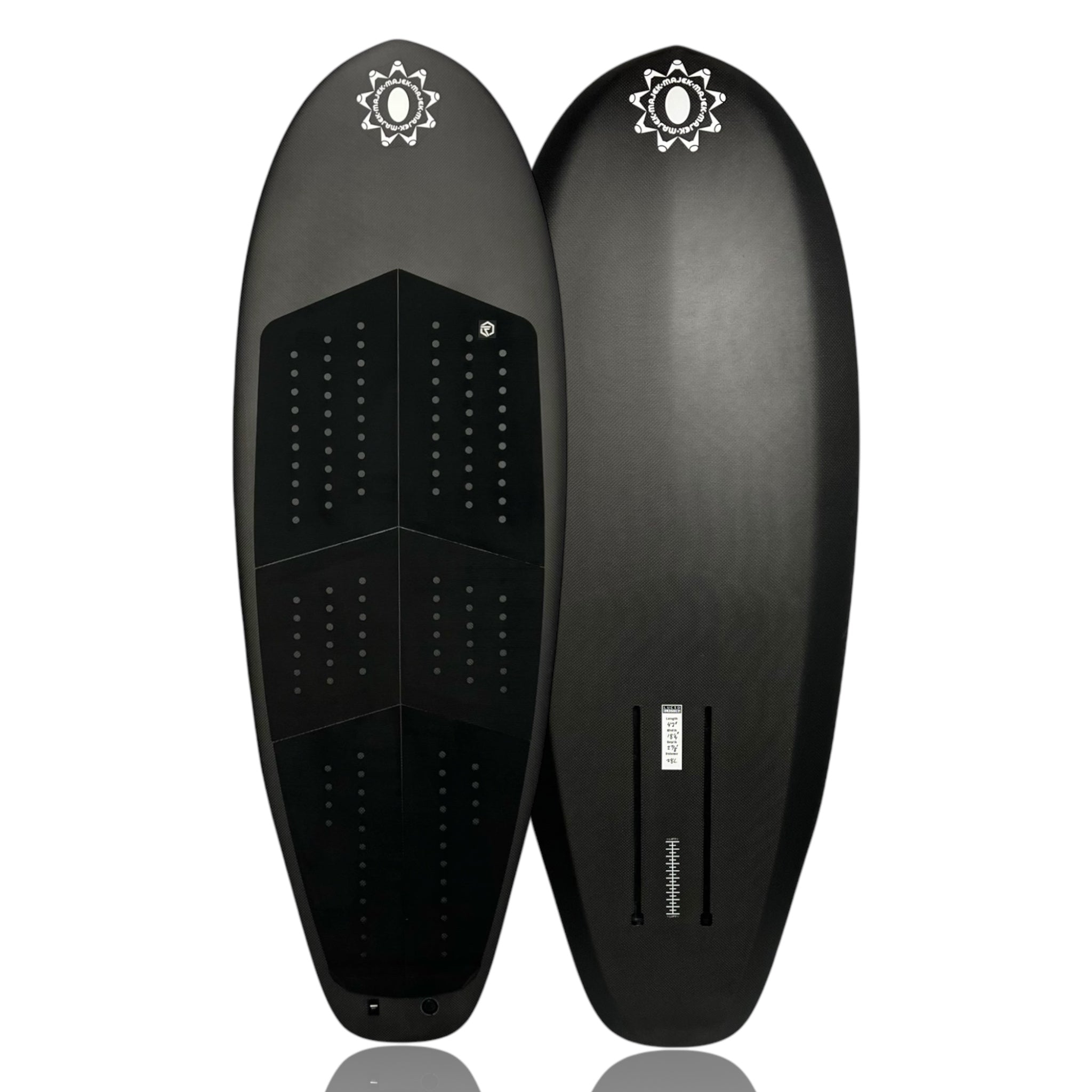 Deck and bottom views pf the Majek Apex foilboard by Glenn Pang