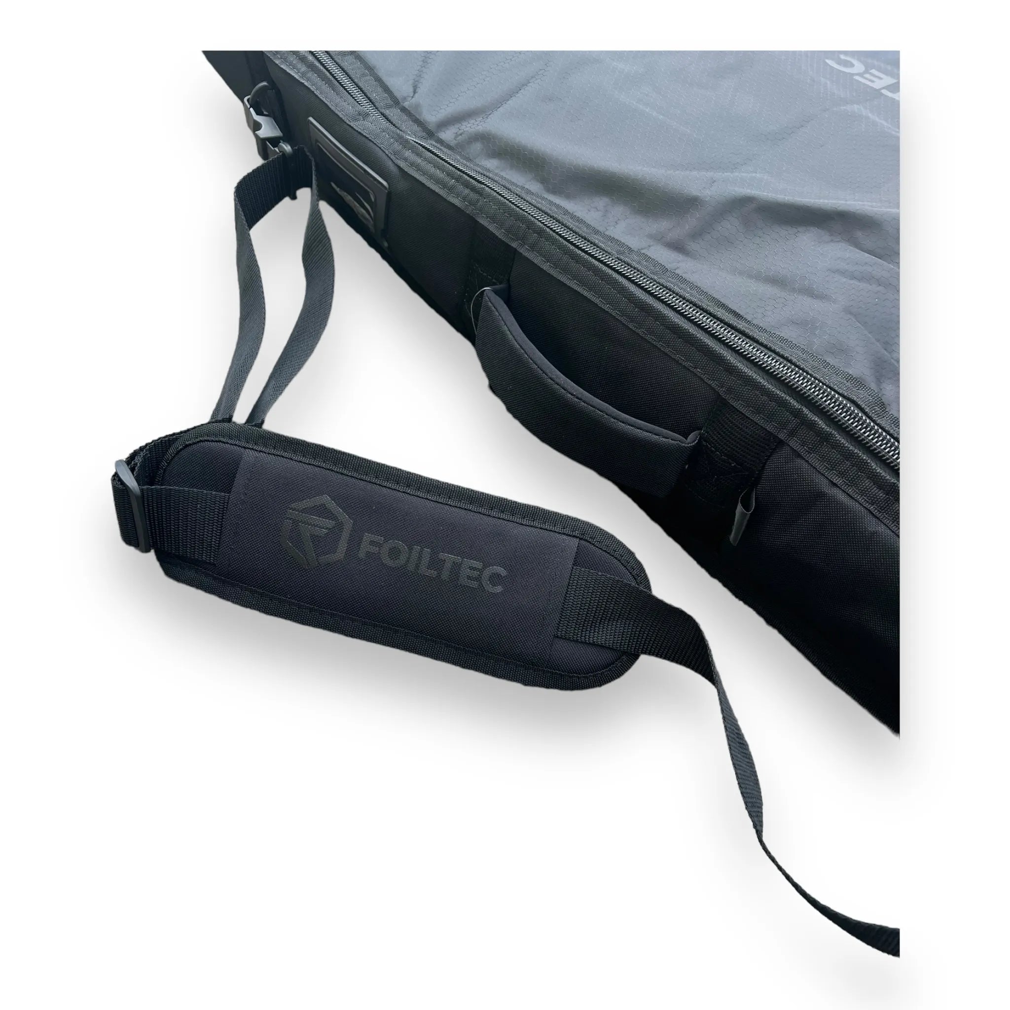 Close-up of padded shoulder strap and adjustable external straps
