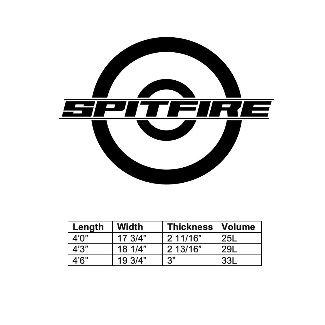 Dimension chart of the Spitfire V2 carbon surf foilboard by Amos Shapes